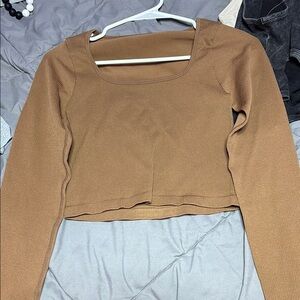 Tan Fitted Long Sleeve Crop Blouse